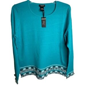 J' Envie New York Aqua w/ black & white Women's LS Sweater Sz Large NWTs